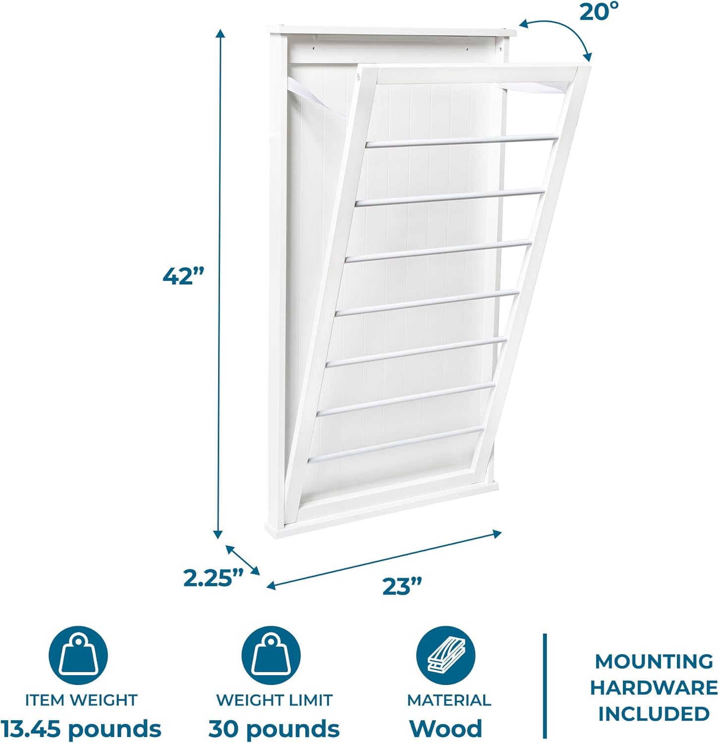 Honey-Can-Do Wall-Mounted Wooden Clothes Drying Rack with Drying Rod, Foldable Space-Saving Laundry Rack, Holds 30 lbs, Stylish White MDF Design for Laundry Room Bathroom, 23"W x 42"H