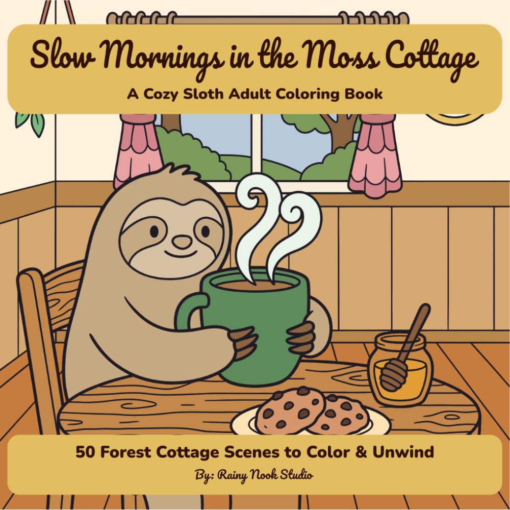 Slow Mornings in the Moss Cottage: A Cozy Sloth Adult Coloring Book — 50 Forest Cottage Scenes to Color & Unwind