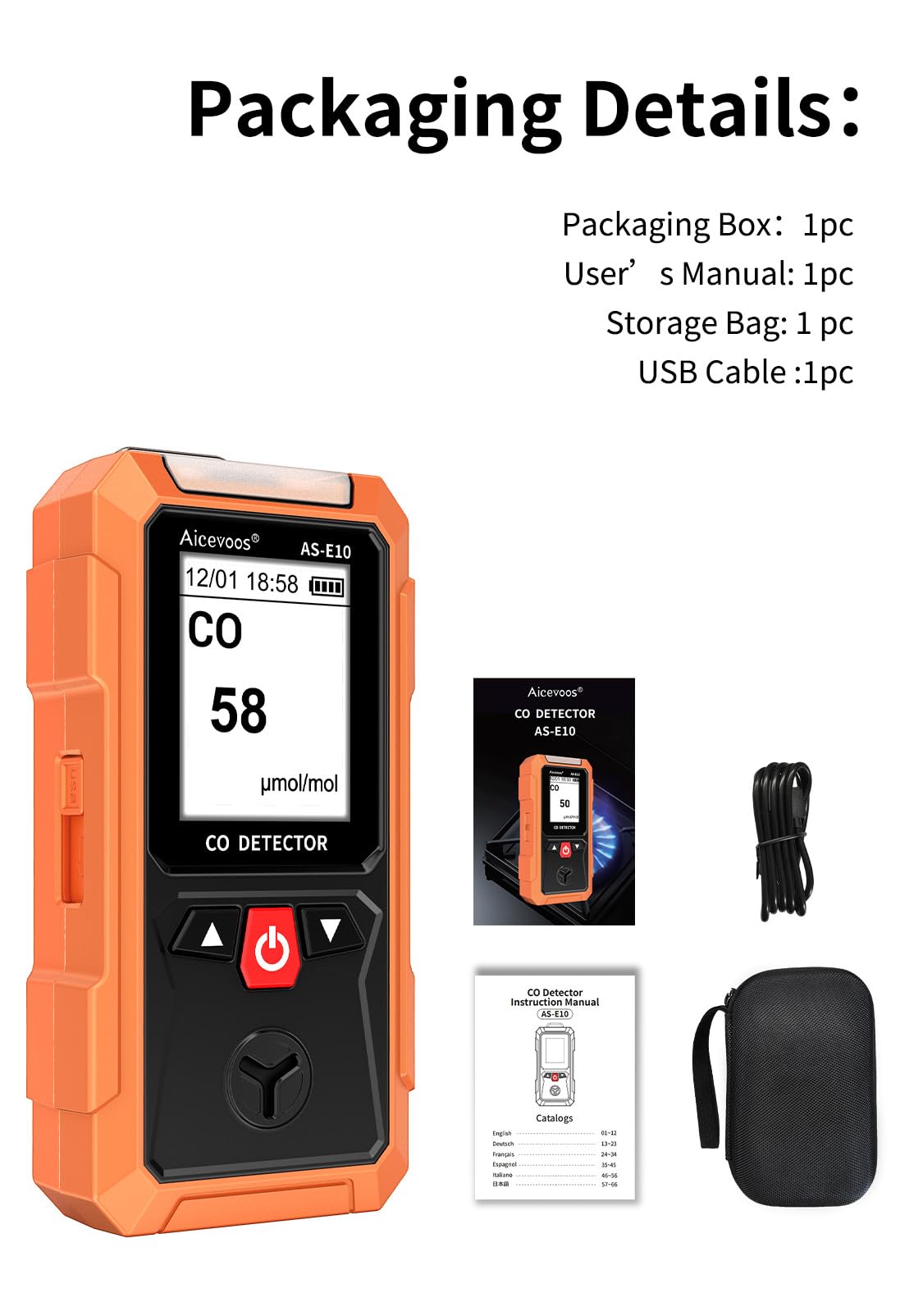 AS-E10 Detector de Monóxido de Carbono Portátil, Medidor Monóxido de Carbono con Alarma Sonora y Visual, 0-2000PPM, Alarma de CO, Pantalla LCD Retroiluminada, para Casa, Coche, Camping