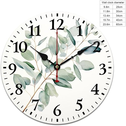 Miniatura 2 de Acuarela - Reloj de pared de eucalipto rústico con ramas de follaje botánico de madera retro, reloj de pared de cuarzo de calidad, sin tictac,