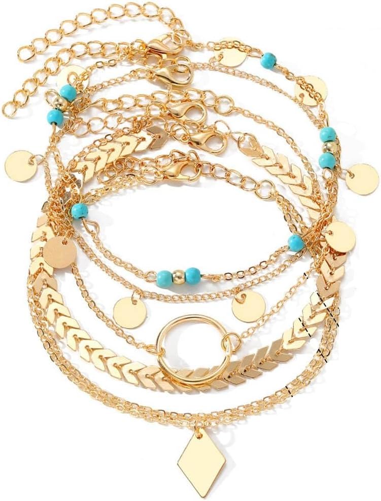 Beach Anklet Circle, Boho Layered Sequins Anklets Gold Tassel Ankle Bracelets Turquoise Beach Foot Chains for Women and Girls