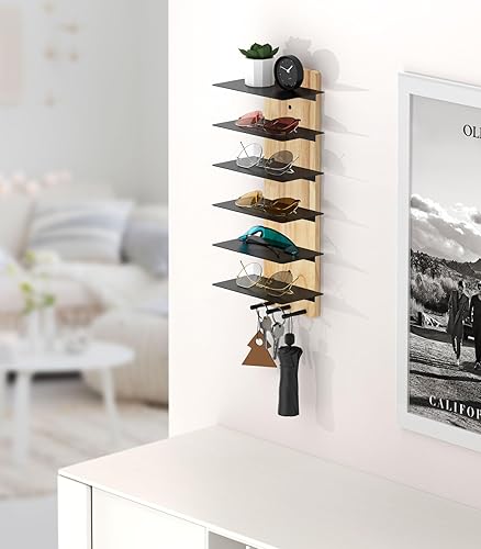 Miniatura 2 de MoKo Estante organizador de lentes de sol, 6 niveles de madera rústica para lentes de sol con 3 ganchos, almacenamiento de gafas de sol montado en