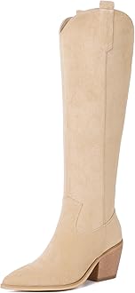 Reitoye Cowboy Boots for Women Embroidery Western Cowgirl Knee High Chunky Heel Boots with Pull-Up Tabs