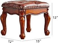Vista 10 de LEILISI Taburete pequeño otomano de cuero marrón, reposapiés tapizado tallado vintage, taburete de madera de goma para sofá (negro-marrón)