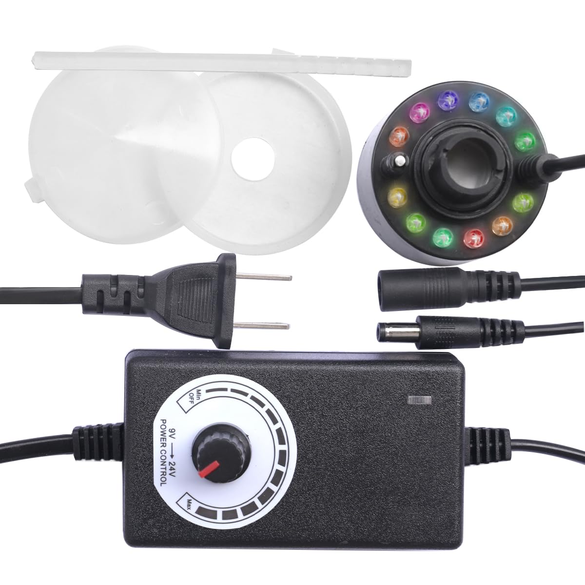 Adjustable Mist Maker with LED and Splash Guard, Fogger Water Fountain Pond Fog Machine Atomizer Air Humidifier, 350ml/H, Water Feature, Halloween and Other Holiday Decorations., Small, Black