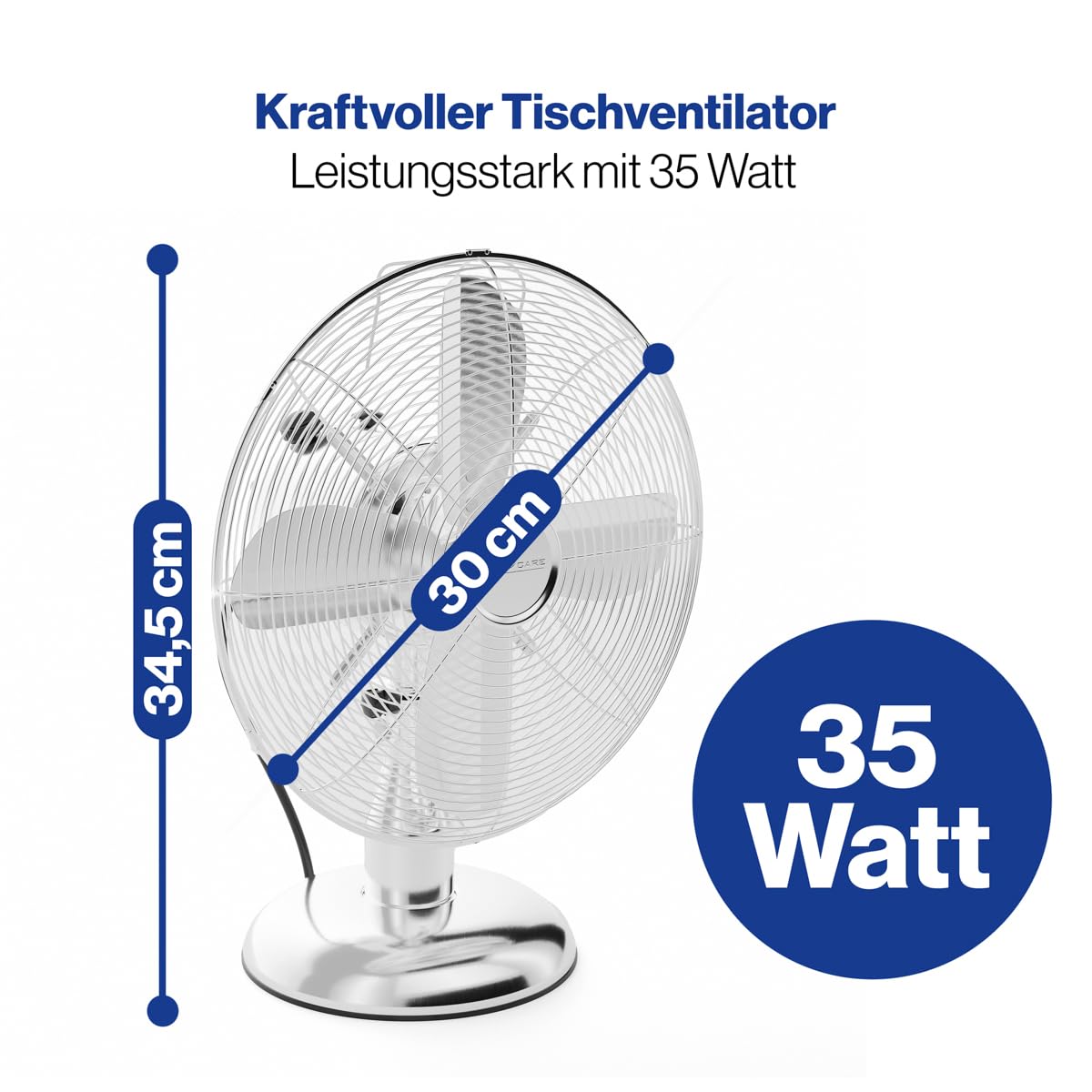ProfiCare PC-VL 3063 M Ventilatore, oscillante, inclinazione regolabile, funzionamento silenzioso, metallo cromato, diametro circa 30 cm.