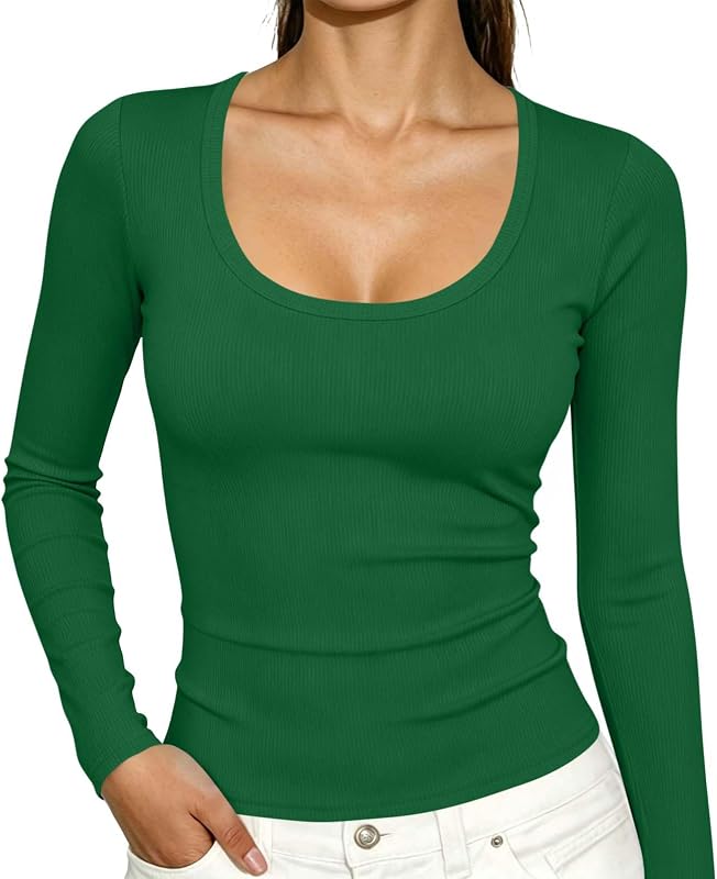 Long Sleeve Scoop Neck Ribbed Shirts for Women