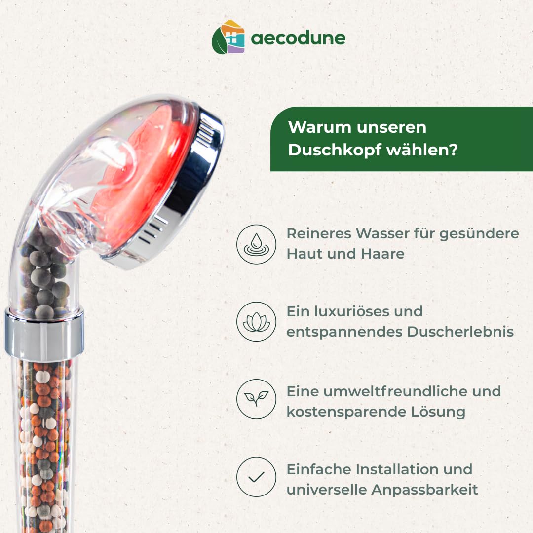 Aecodune Premium Vitamin C Duschkopf mit Filter - Duschkopf - Ausgezeichnete Schönheit - Ätherische Öle Eco Filter Duschkopf - Kalkfilter Duschkopf mit Mineralsteinen - Blockiert Chlor