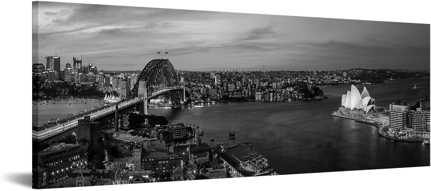 KREATIVE ARTS Sydney Skyline City Wall Art Opera House Canvas Decor 20"x55" Black and White Australia Wall Art Cityscape Pictures Artwork Painting Poster for Bedroom Office Decorations