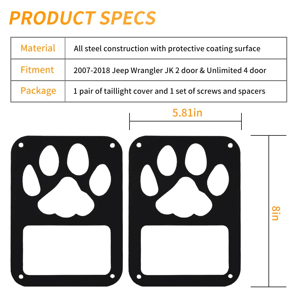 Housse de feu arrière Compatible avec Jeep Wrangler JK/JKU 2007-2018, en Alliage d'aluminium avec Protection décorative en Forme de Patte de Chien, Accessoires extérieurs (1 Paire)