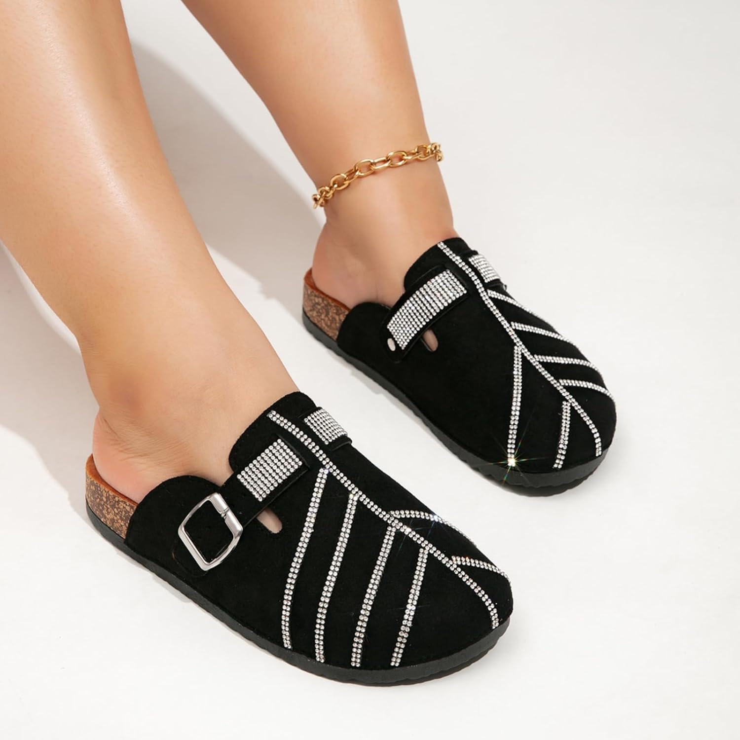 Women's Rhinestone Embellished Clogs Mules for Women Suede Potato Shoes for Women