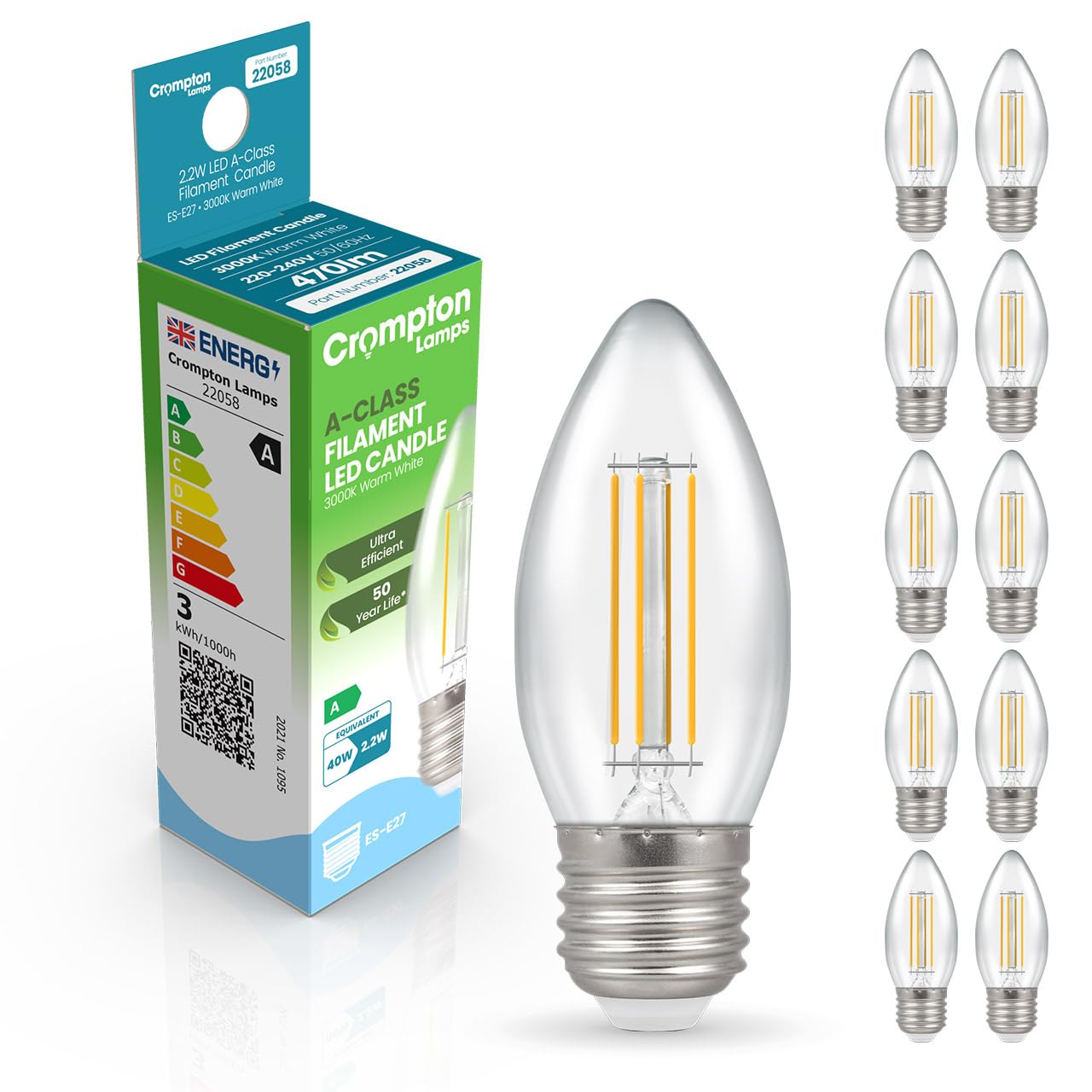 Crompton Lamps LED Ultra-Efficient Candle 2.2W ES-E27 A-Class (10 Pack) (40W Equivalent) 3000K Warm White Clear 470lm ES Screw E27 Filament A-Rated Light Bulbs
