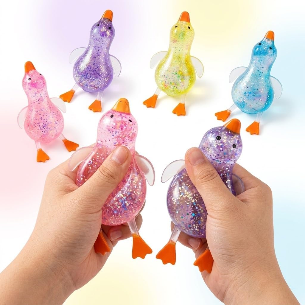 4 Pack Glitter Duck Squishies, Soft TPR Squeeze Fidget Toys, Cute Stress Relief Desk Fidgets for Adults, Office Gift Bag Fillers, Party Favors (4pc)