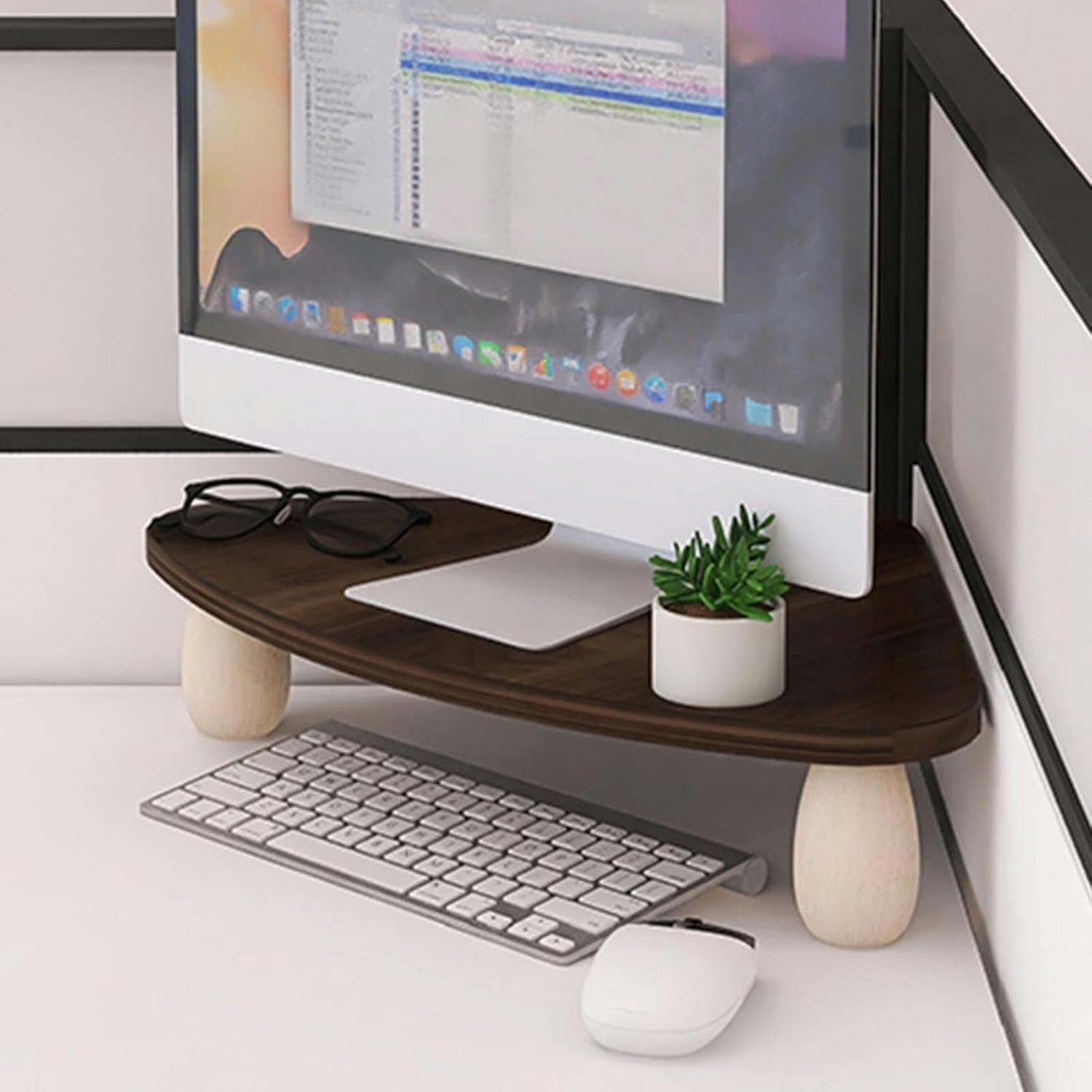 Support d'écran en bois massif d'angle : étagère de bureau ergonomique triangulaire