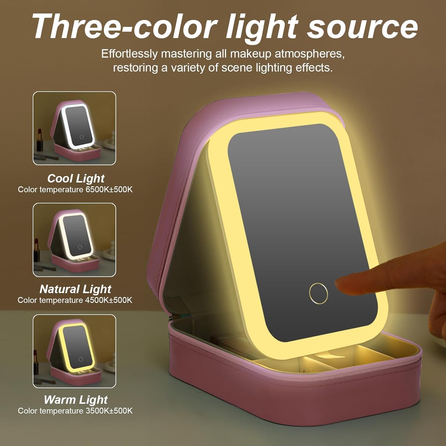 YUANHAILI Portable LED Makeup Bag with Adjustable Light-Up Mirror - Three-Color Lighting | Dust-Proof Cosmetic Case with Multi-Compartment Storage and Jewelry Organizer (Pink)