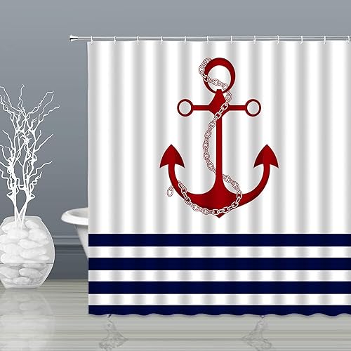 Miniatura 2 de Cortina de ducha con ancla roja, diseño de rayas azul marino y blanco, diseño náutico, vida marina, pintura artística, navegación, decoración