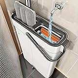 MYHOMiE Premium Flat Mop and Bucket Set - Separates Clean & Dirty Water - Compact & Lightweight - 2 Chamber Floor Cleaning System - 360 Rotating Head - 3 Microfibre Reusable Mop Pads Included