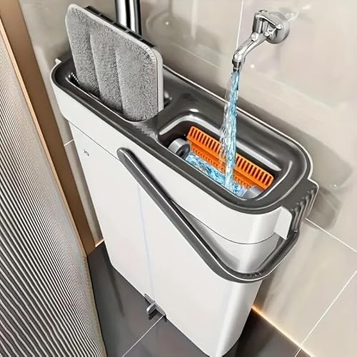 MYHOMiE Premium Flat Mop and Bucket Set - Separates Clean & Dirty Water - Compact & Lightweight - 2 Chamber Floor Cleaning System - 360 Rotating Head - 3 Microfibre Reusable Mop Pads Included