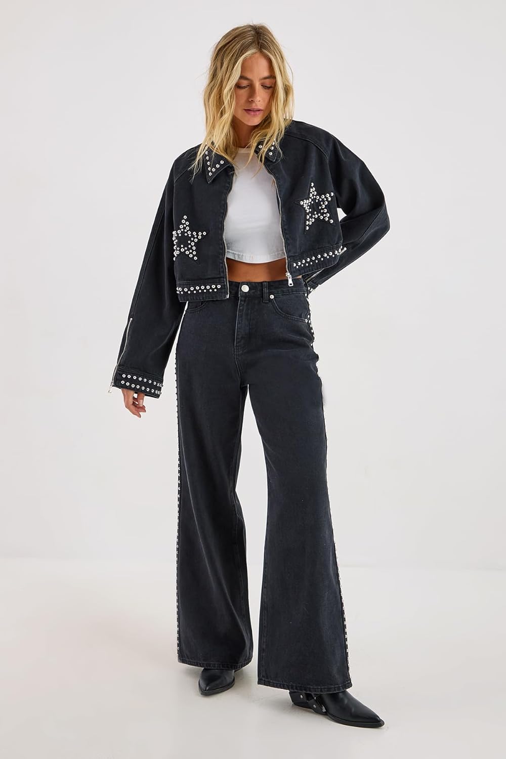 Nasty Gal Star Studded Denim Cropped Jacket