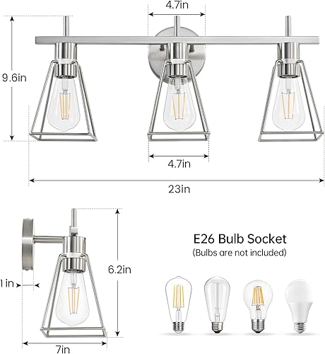 Miniatura 2 de Luces industriales de tocador de baño Lámpara de pared de jaula de metal vintage de níquel cepillado plateado de 3 luces - Lámpara rústica de granja
