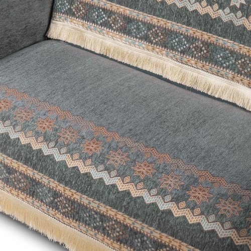 Image of Elegant Woven Grey Sofa Cover - Soft Chenille Traditional Pattern with Lace Style | L-Shape Sectional Seat Protector for Living Room | Durable & Stylish Slipcover 2 Seater Sofa Cover