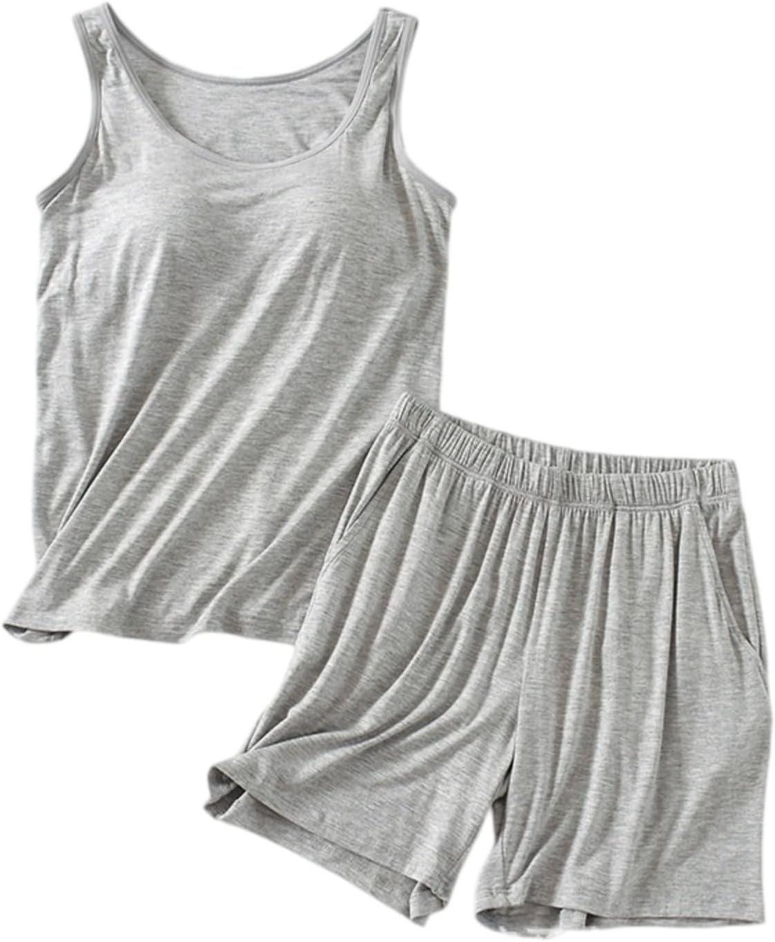 Women Pajamas Sets, Built-in Bra Padded Tank Tops & Shorts with Pockets (Gray,XXL)