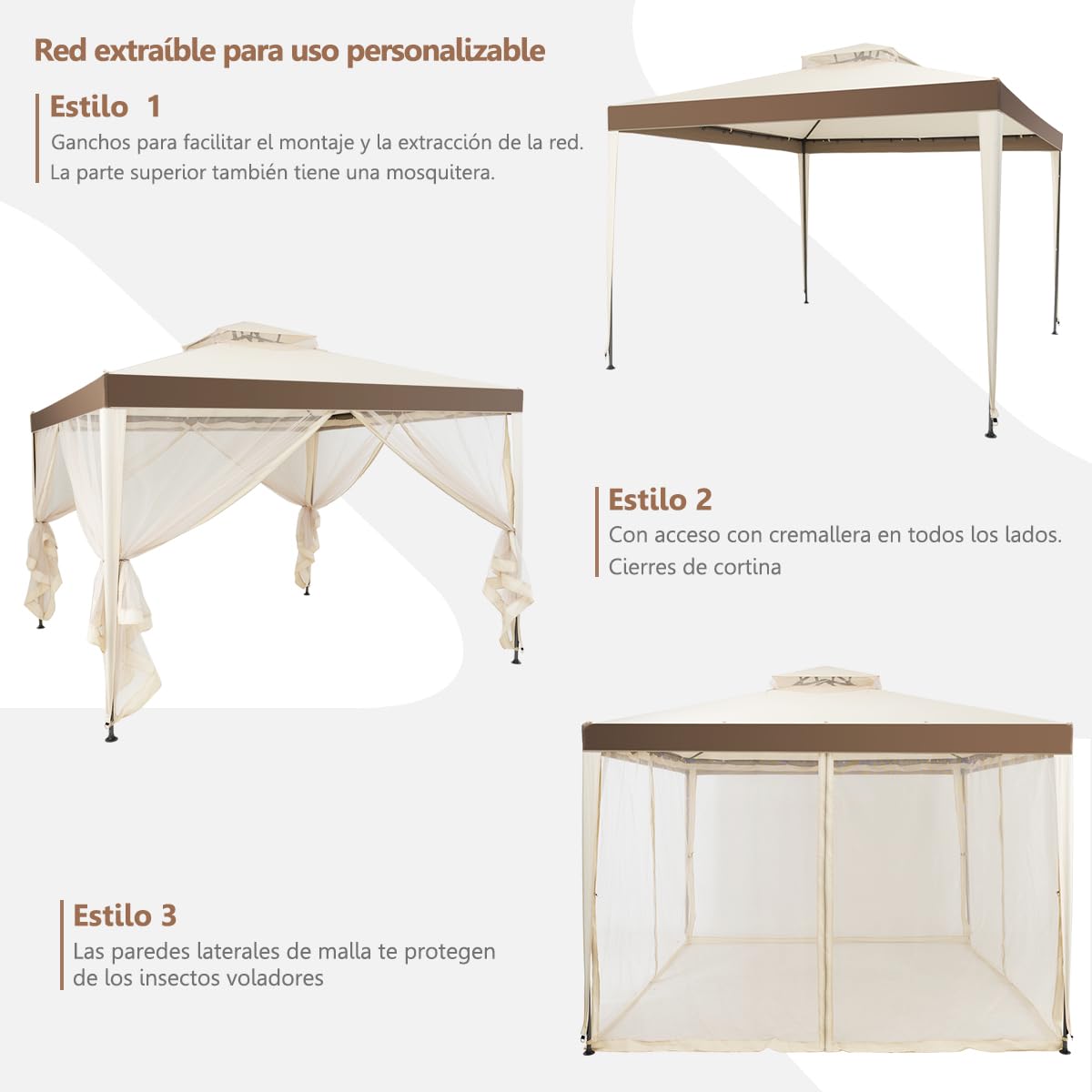 RELAX4LIFE Carpa 3x3m con Mosquitera, Tela Impermeable, Doble Techo, UPF 50+, Cortinas de Malla Extraíbles con Cremallera, Pergola de Jardín con Estacas de Tierra para Patio y Terraza (Beige)