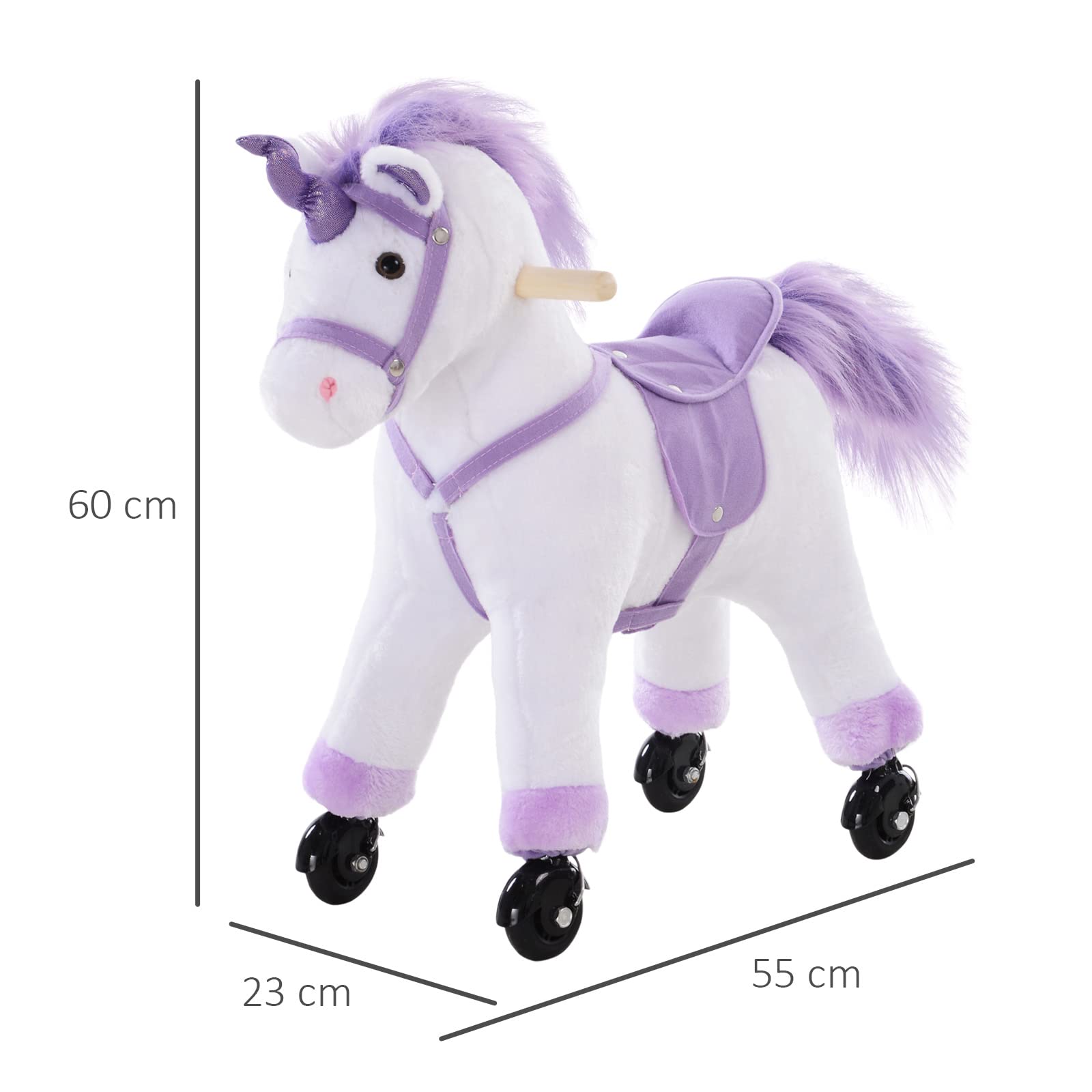 HOMCOM Reitpferd auf Rollen 60 cm Stehpferd mit Sattel, Sound Spielpferd zum Reiten Draufsitzen Schaukeltier Plüsch Pferd für Kinder ab 3 Jahre, Schaukelpferd Indoor Outdoor Lila