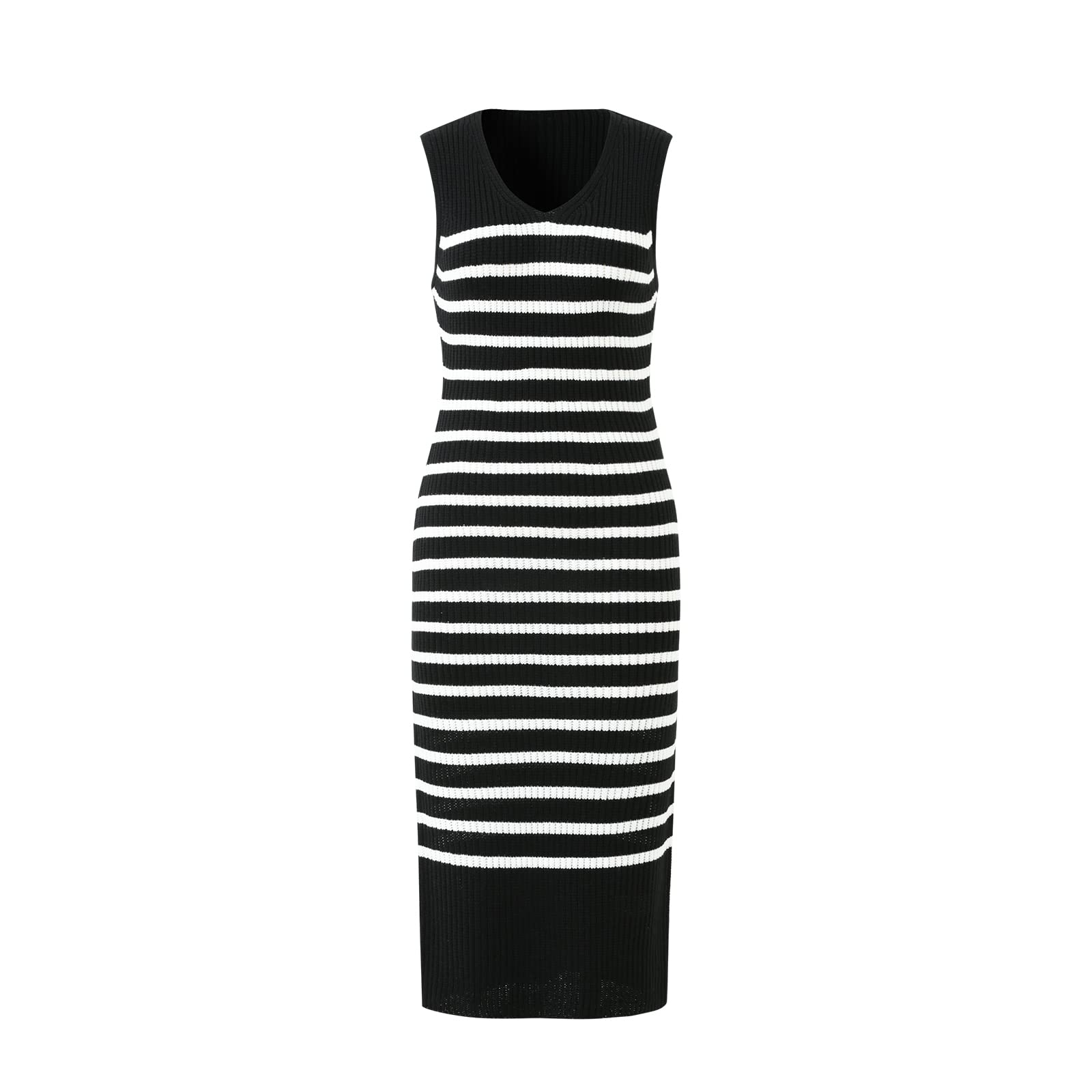 GenericWomen's Sleeveless Bodycon Dress V Neck Stripe Ribbed Summer Tank Midi Dresses