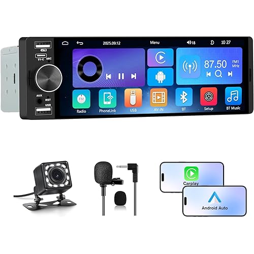 Single Din Car Stereo Universal, 6.36 Inch CarPlay & Android Auto IPS Touchscreen Radio with Bluetooth with Backup Camera, Support 2 USB/Type-C Charging/Microphone/FM/EQ