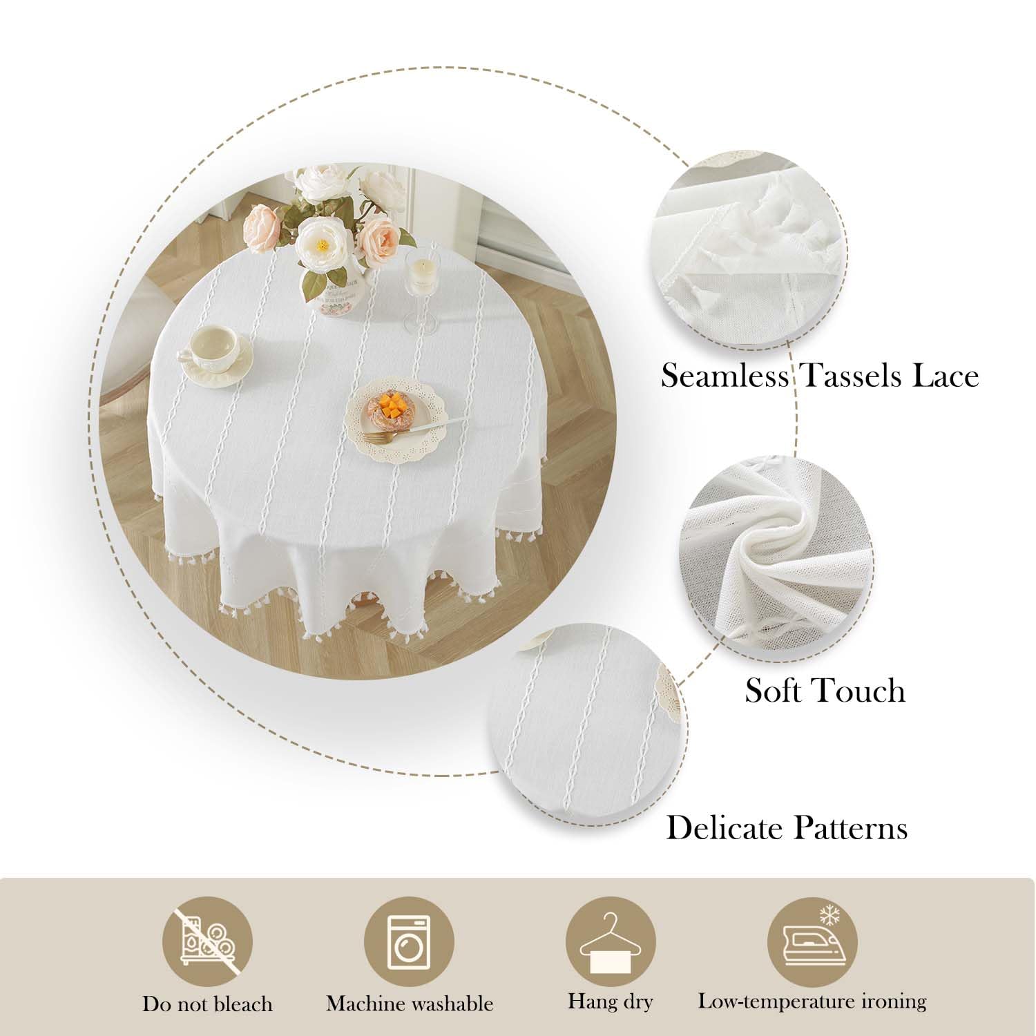 Laolitou Round Tablecloth 48 Inch - White Embroidery Tassel Table Cover, Wrinkle-Free Cotton Blend For Dining, Wedding & Parties - View #9