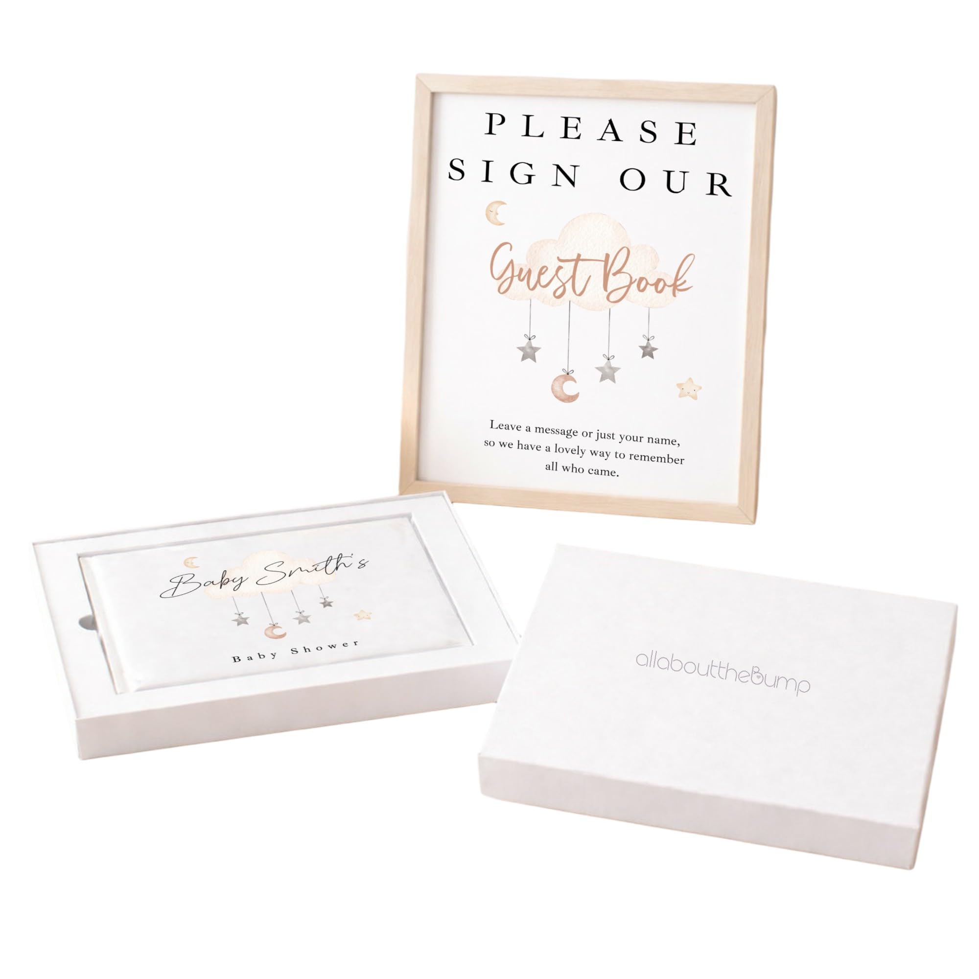 Baby Shower Guest Book and Sign Set Nursery Cloud Star Mobile Cot Design, 23 x 17.5 cm, 80 Pages, Personalised (Book & Sign: Boxed)