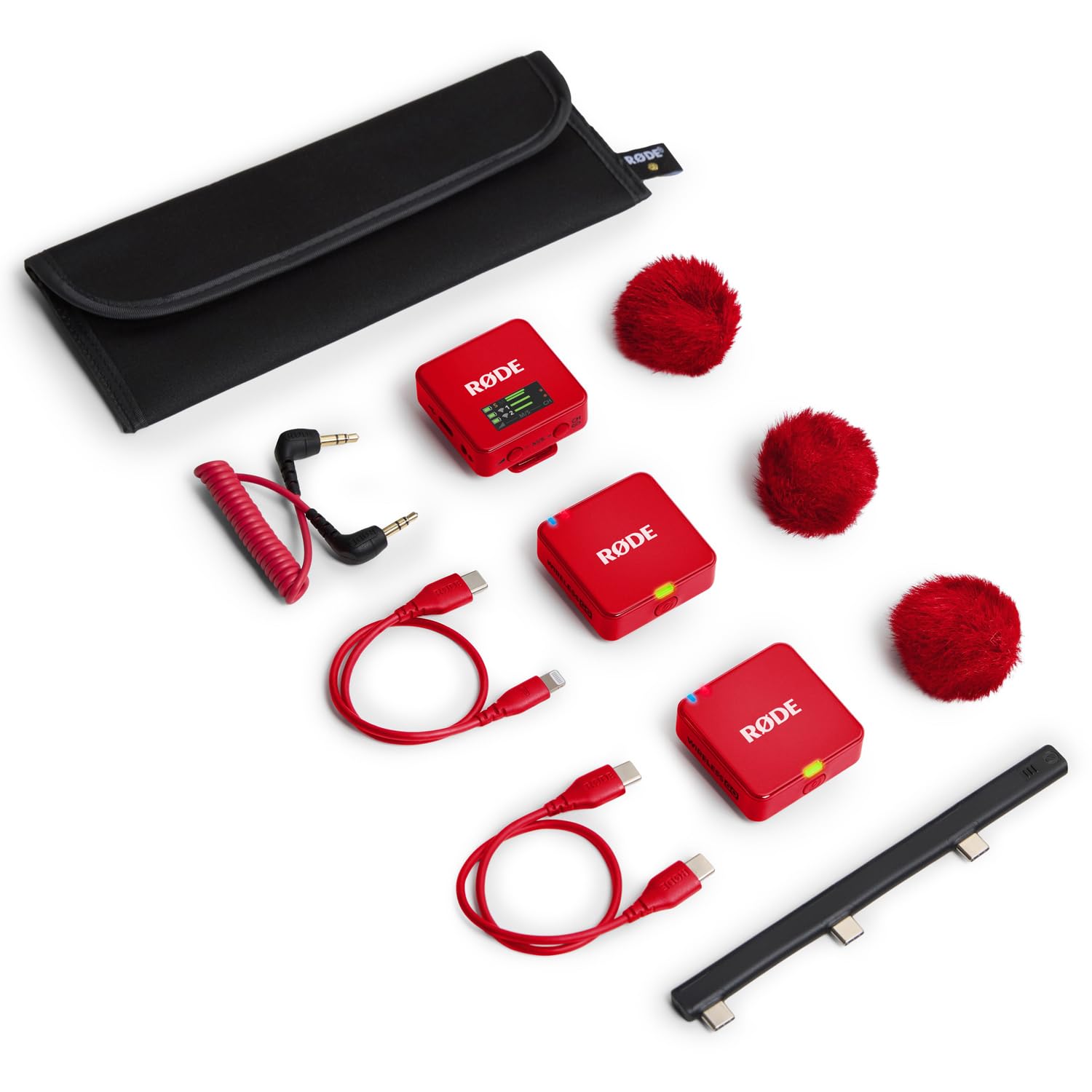 Rode Wireless GO Gen 3 bezprzewodowy 2-kanałowy system radiowy mikrofonowy czerwony z interview GO adapter ręczny, czerwony i keepdrum, futrzana ochrona przed wiatrem