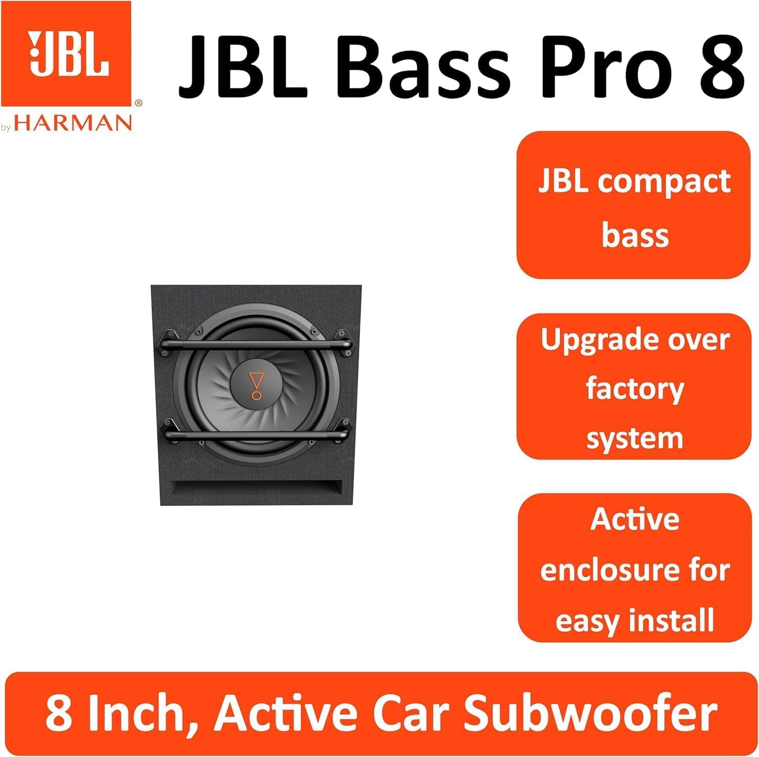 JBL BassPro 8 Caisson de Basse Voiture Actif - 800 Watt Harman Kardon Bassbox Subwoofer de 20 cm avec 100 Watt RMS Classe D Sub Amplificateur et Slot Port Bassreflex Boîtier, Black