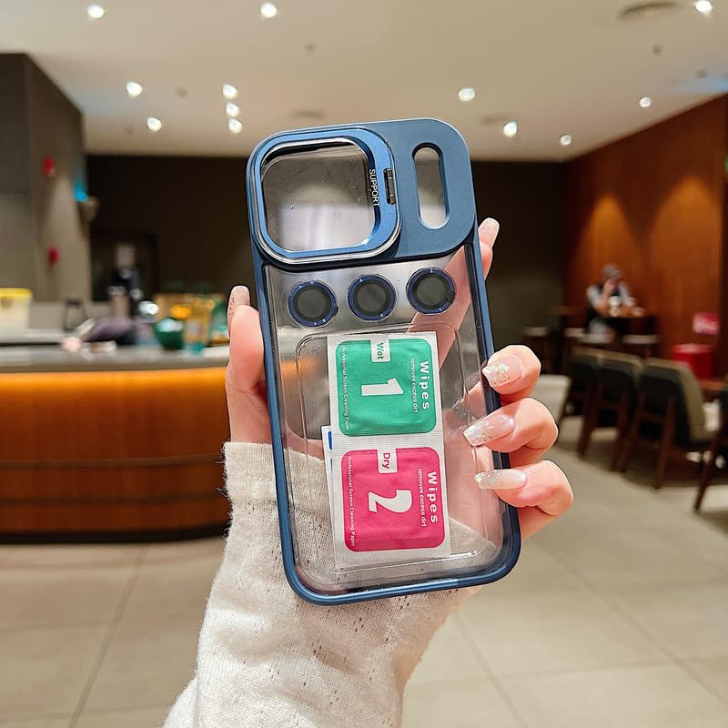 Image of Clear Case for iPhone 17 Pro Max | Metal Lens Protector & 180 Rotating Bracket | Shockproof Transparent Hard Back Cover with Soft TPU Frame - Navy Blue