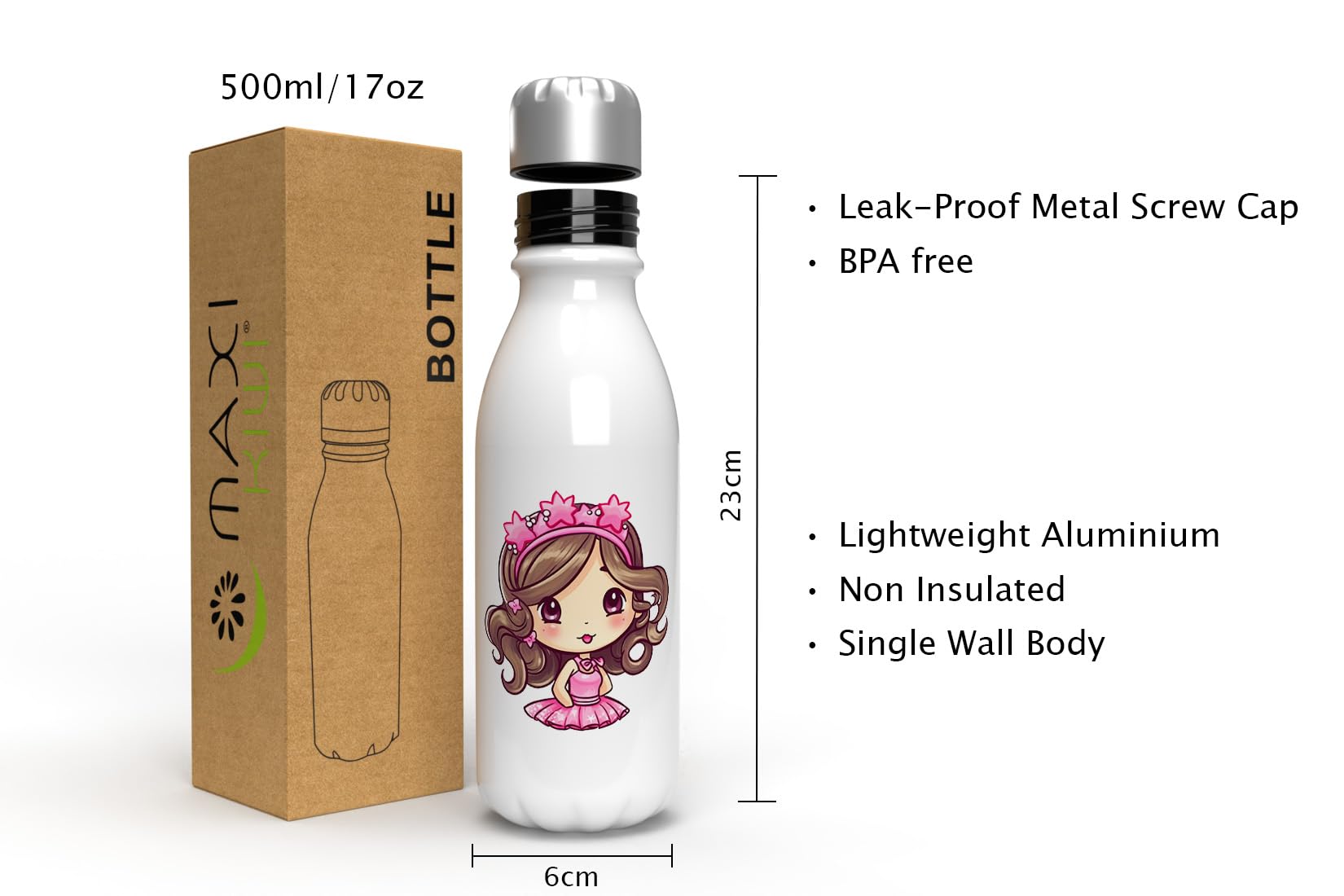 MAXIKIWI, Single Wall Water Drinking Bottle with Screw Cap, Non Insulated Lightweight Aluminium, BPA Free, Leak-Proof - Image 3