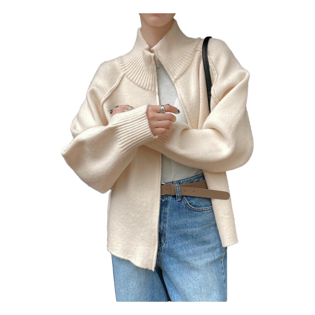 Maglione da Donna Cardigan A Maglia, Maglioni Maniche Lunghe Autunnali Donna, con Cerniera-Bianco-One Size (42-48)