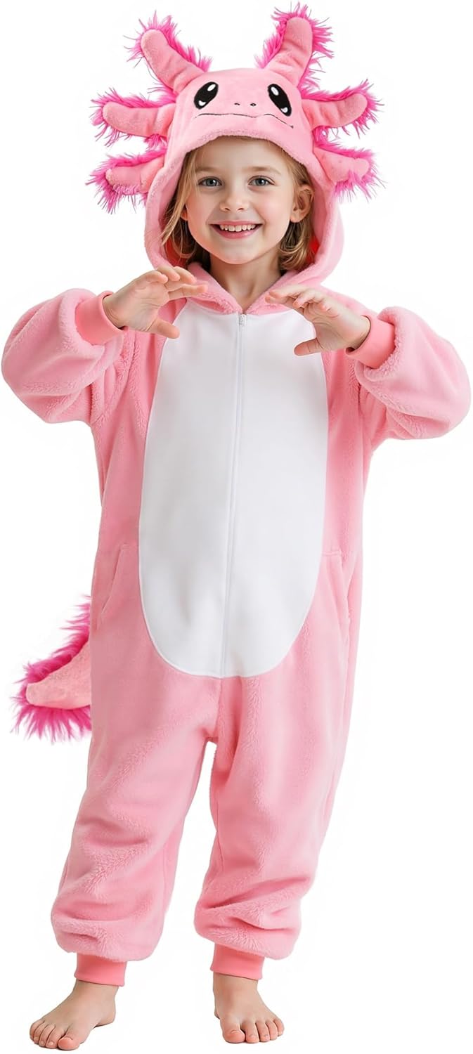 Axolotl Costume Kids Girls Animal Onesie Pajamas Halloween Party Dress Up 4-5T Pink Axolotl