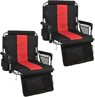 Portable Stadium Seats with Back Support and Armrest, Folding Bleacher Chairs with Back and Thicked Cushion, Wide Padded Sports Chair with Cup Holder, Football, Tennis (2, red, Standard)