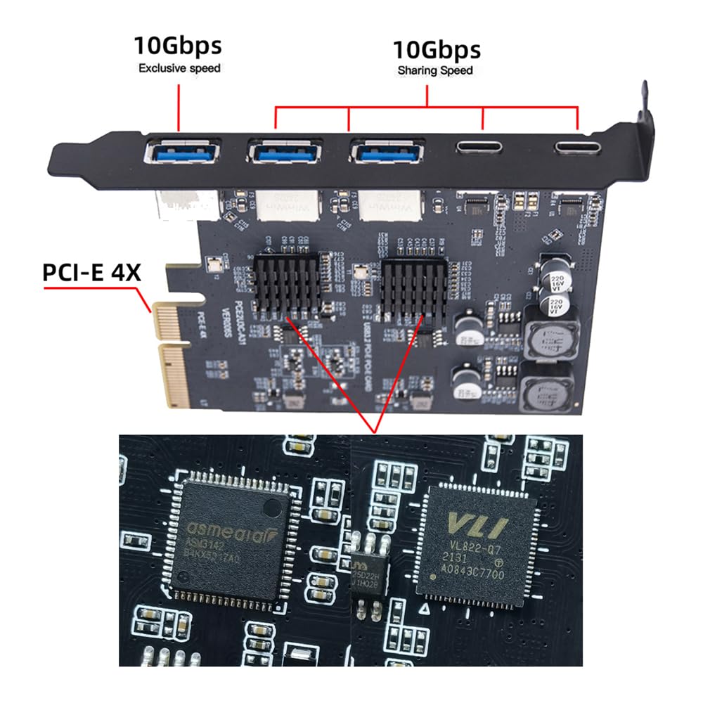 Cablecc USB3.0 Type-A Three Ports Back Panel Socket & Dual USB3.1 Type-C USB-C to PCI-E Express Card Adapter ASM3142 VL822