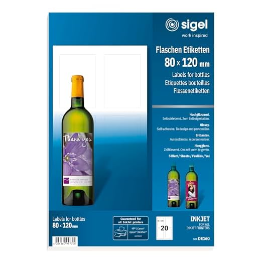 SIGEL DE160 Flaschenetiketten, 20 Stück, hochweiß, für Ink (A4 Papier, hochglänzend, 80 x 120 mm)