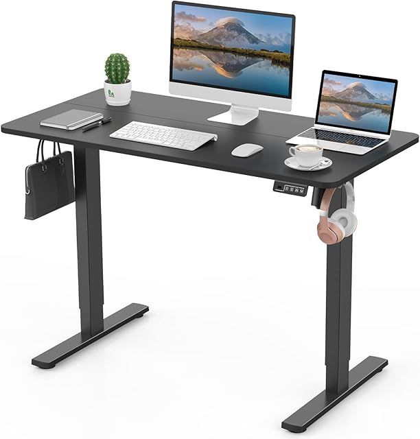 ERGOMAKER Electric Height Adjustable Standing Desk 110x60cm (43.3"x23.6"), Sit Stand Desk with Splicing Top for Home Office (Black Frame + Black Desktop)