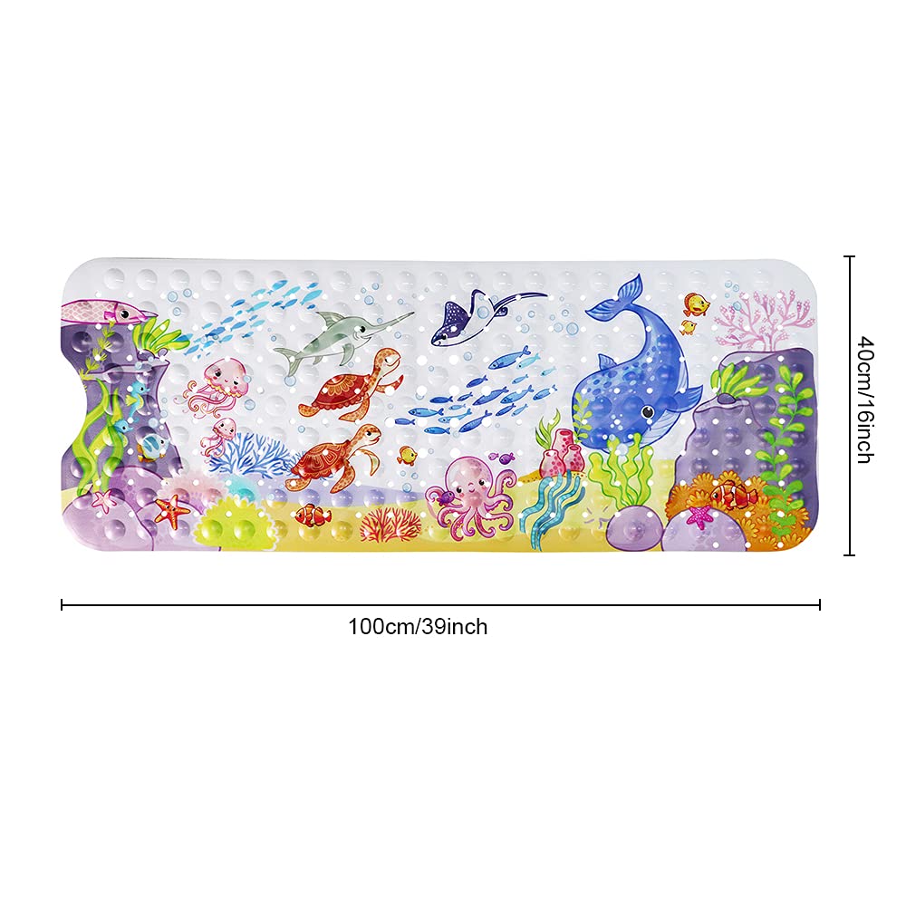 Badematte für Kinder Kleinkind Baby, extra Lange 100x40cm rutschfeste Babyparty Badematte mit Saugnäpfen (Ozean Tier-Horizontal)