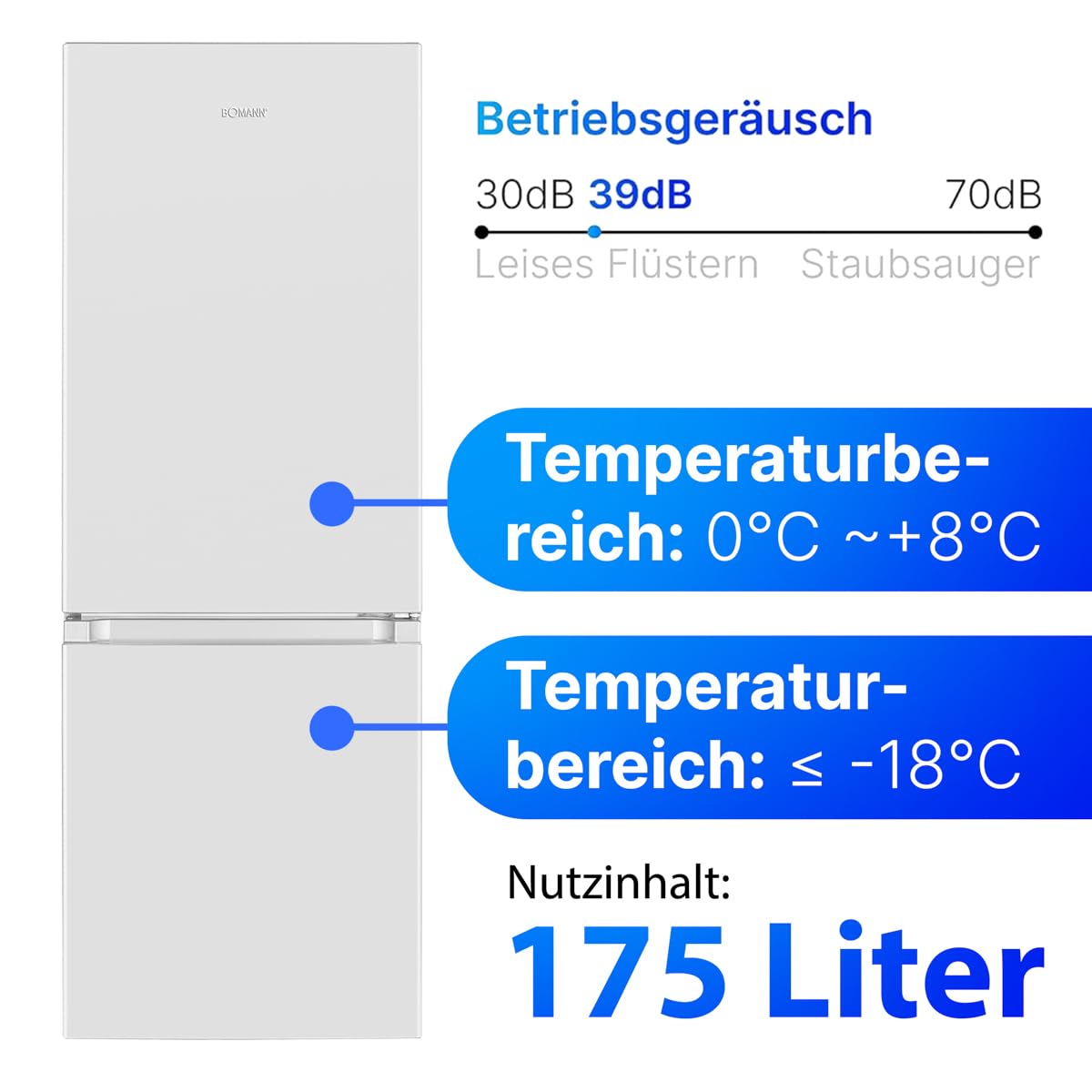 Bomann KG 320.2 Kühlschrank mit Gefrierfach 175L 143cm Energieklasse E leise 39dB weiß