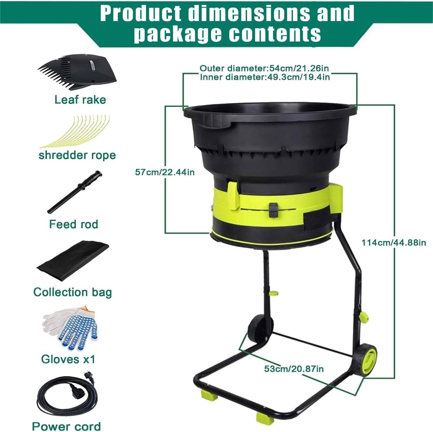 Trituradora eléctrica de hojas y trituradora de jardín con ruedas y bolsa de almacenamiento para limpieza de patio y compostaje