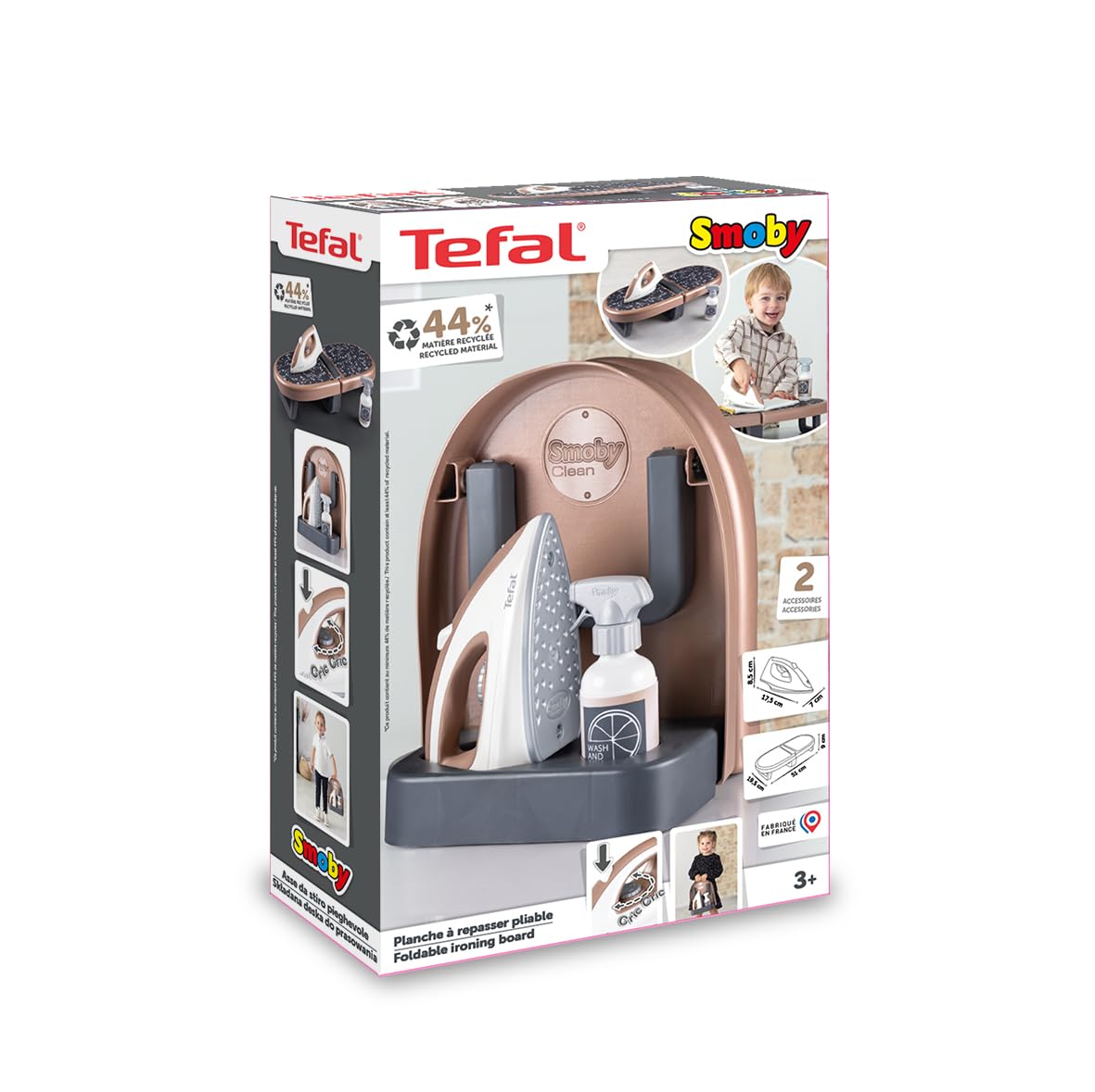 Smoby - Tefal Bügelbrett für Kinder - Faltbare Mitnehm-Spiel-Bügelstation mit Spielzeug-Bügeleisen & Sprühflasche - Kompakt & realistisch - mit recyceltem Material, für Kinder ab 3 Jahren