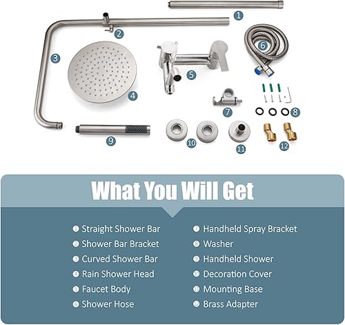 Miniatura 9 de Aolemi Grifo de ducha al aire libre SUS304 plateado lluvia de acero inoxidable de 8 pulgadas con rociador de mano, juego de ducha combinado de 3