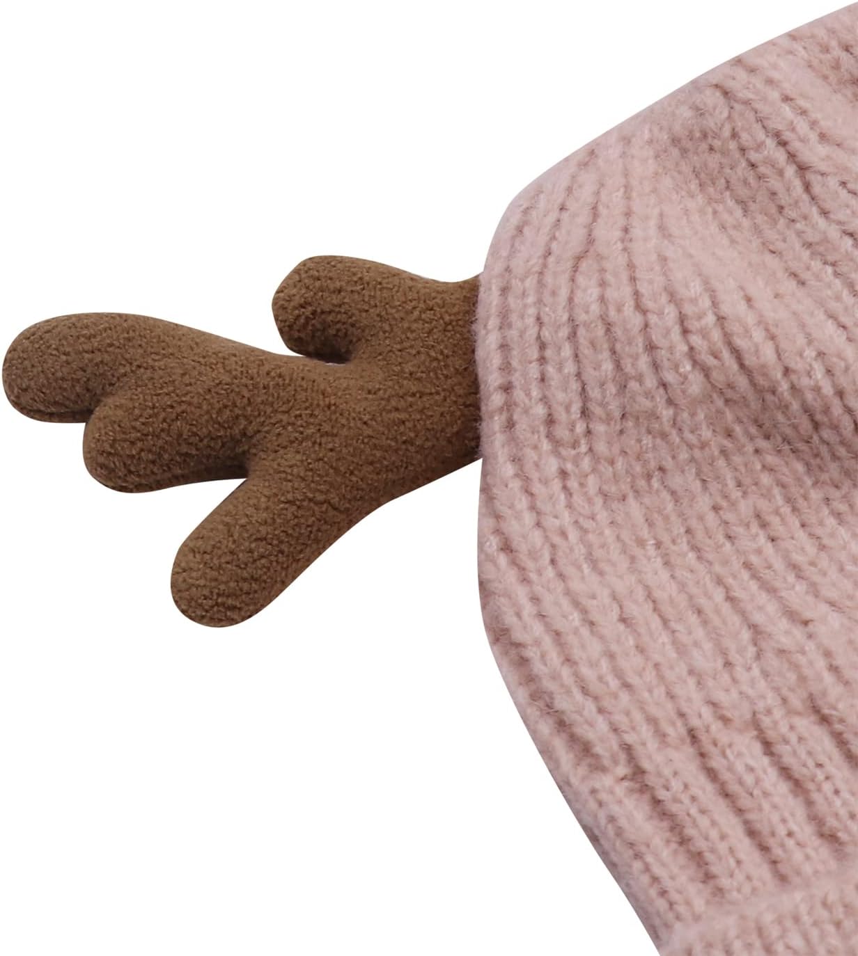 Cute Reindeer Moose Hat Winter Warm Knitted Beanie Cap Fleece Lined Crochet Antler Beanie Ski Skull Cap for Women,Pink - Image 9