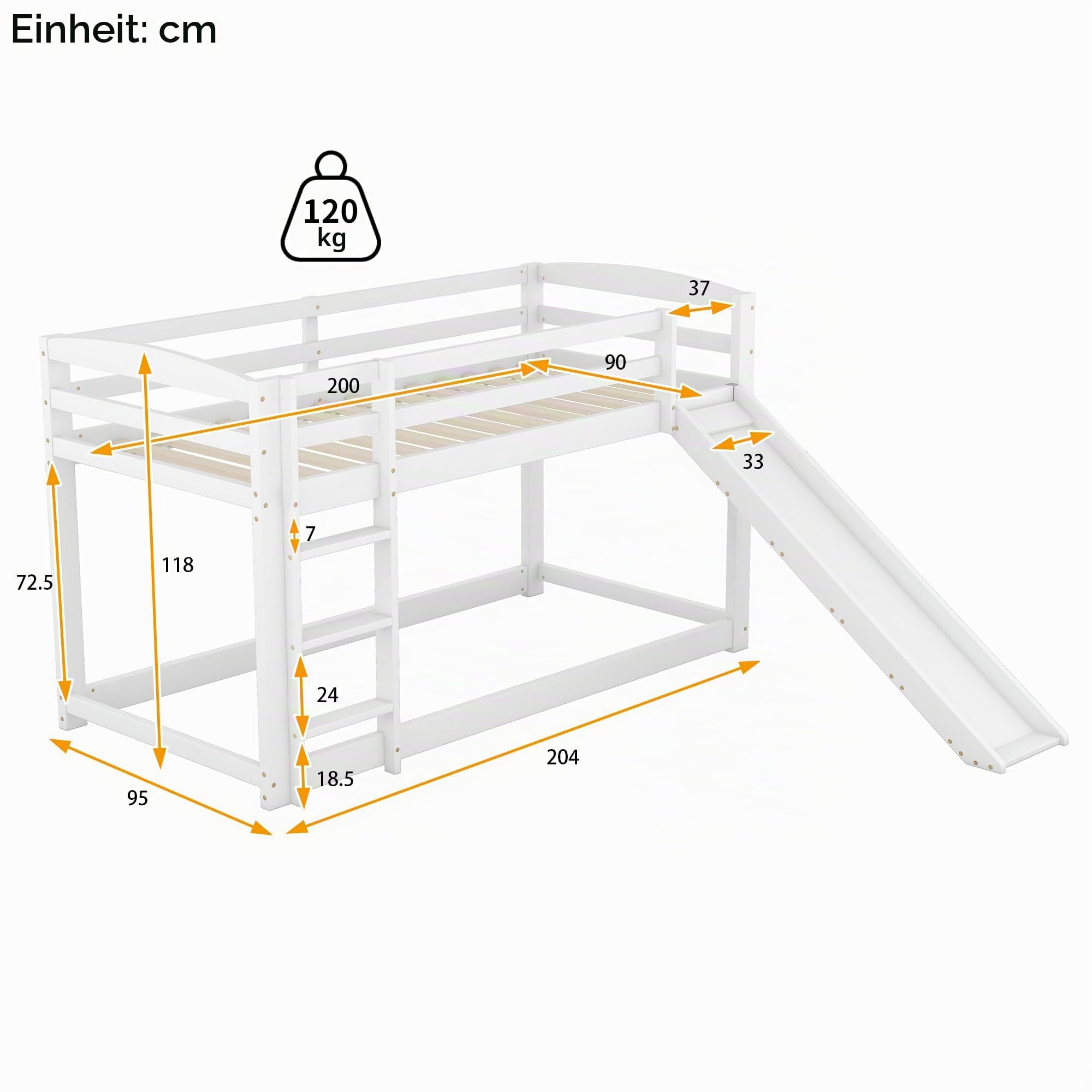 Moimhear Etagenbett 90x200cm für Kinder und Jugendliche, Kinderbett mit Rutsche, Massivholzrahmen, einfache Montage (Weiß)