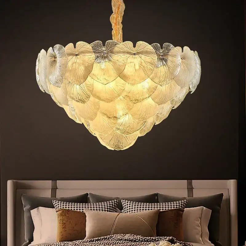 Image of Luxury Leaf Glass Chandelier for Bedroom & Living Room | Elegant Golden Ceiling Hanging Light for Dining Area, Hall & Home Interiors | Designer Chandelier for Modern Decor